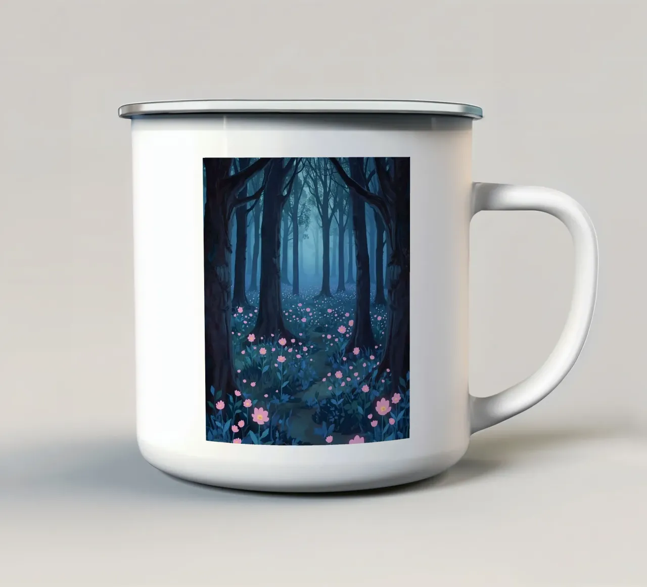 Sentiero forestale con fiori rosa e alberi scuri tazza in smalto da DesignDoodle