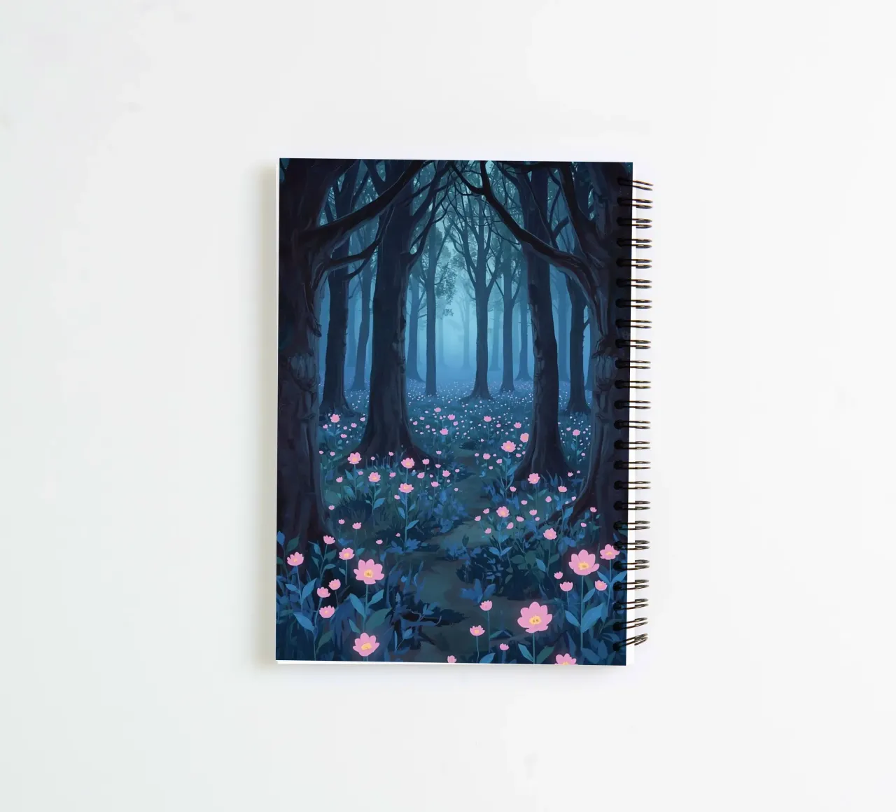 Forest path with pink flowers and dark trees spiral notebook by DesignDoodle
