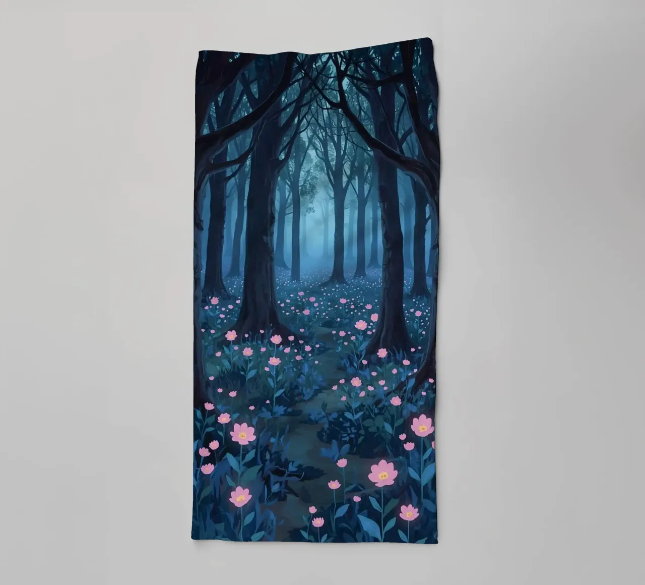 Forest path with pink flowers and dark trees towel by DesignDoodle