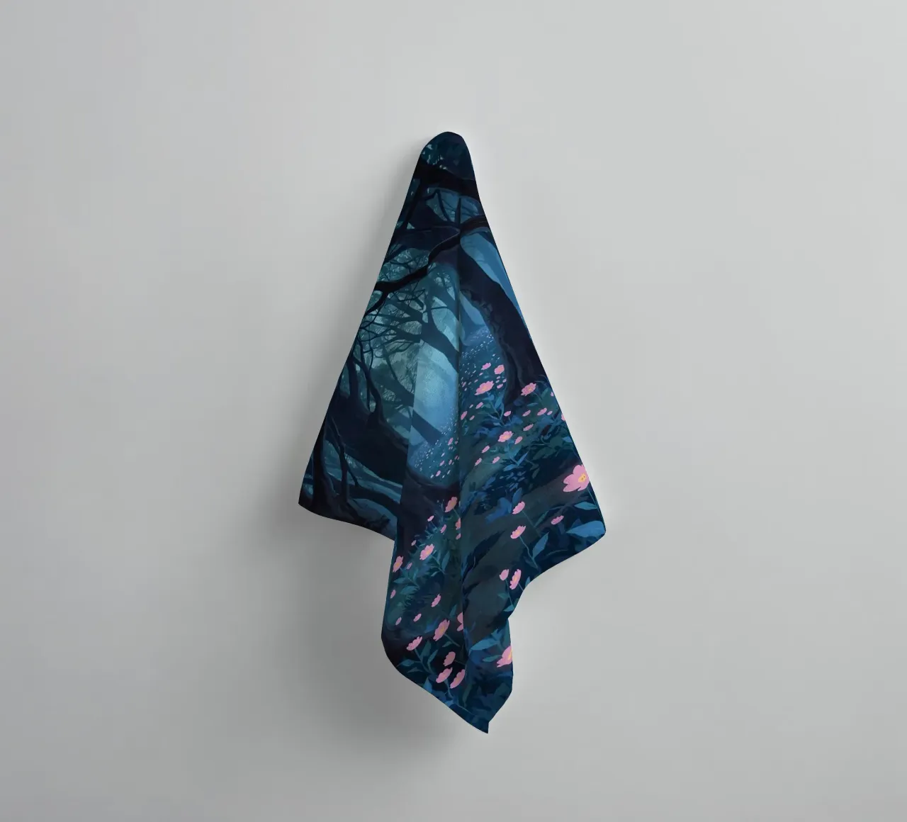 Forest path with pink flowers and dark trees towel by DesignDoodle