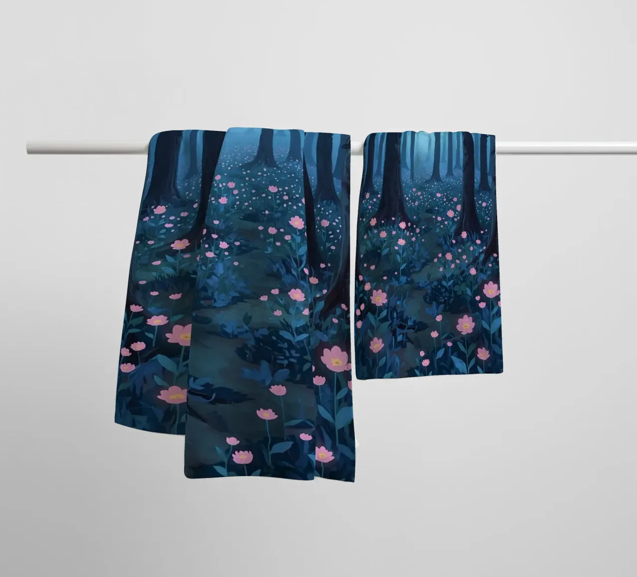 Forest path with pink flowers and dark trees towel by DesignDoodle