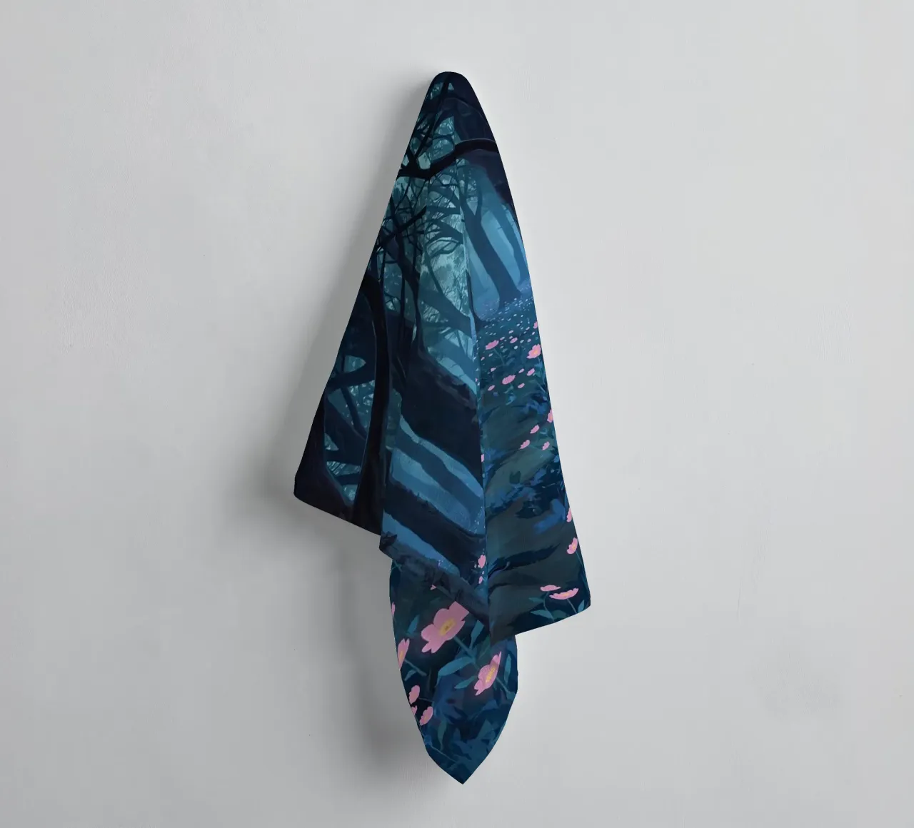 Forest path with pink flowers and dark trees towel by DesignDoodle