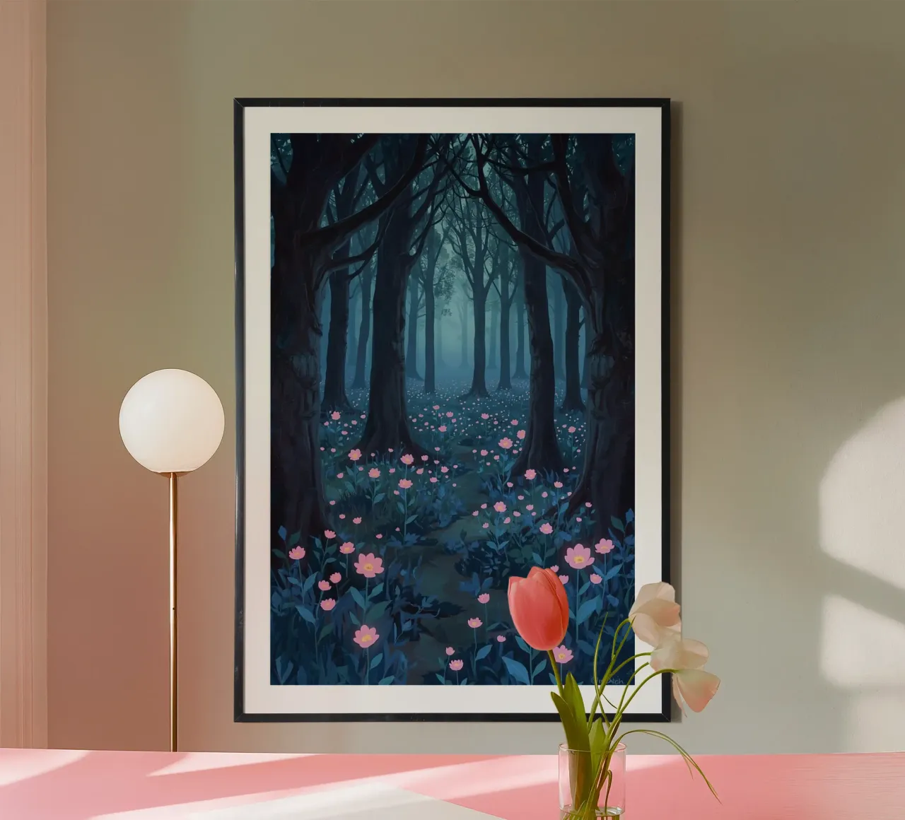 Forest path with pink flowers and dark trees hahnemühle by DesignDoodle