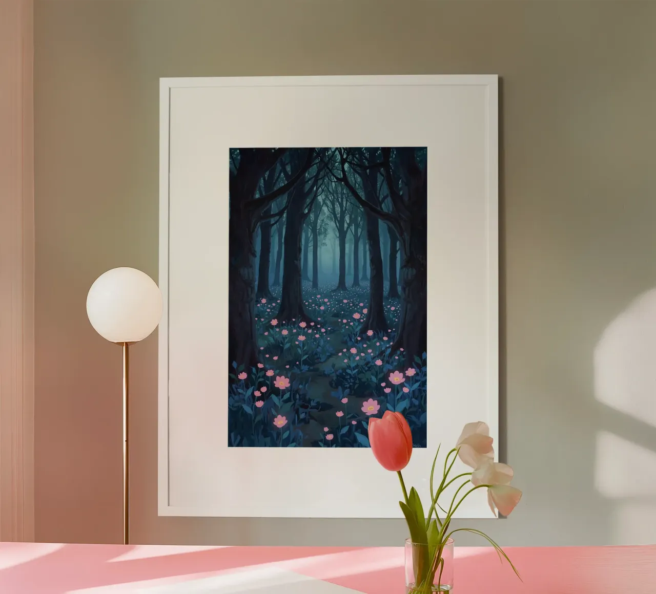 Forest path with pink flowers and dark trees hahnemühle by DesignDoodle