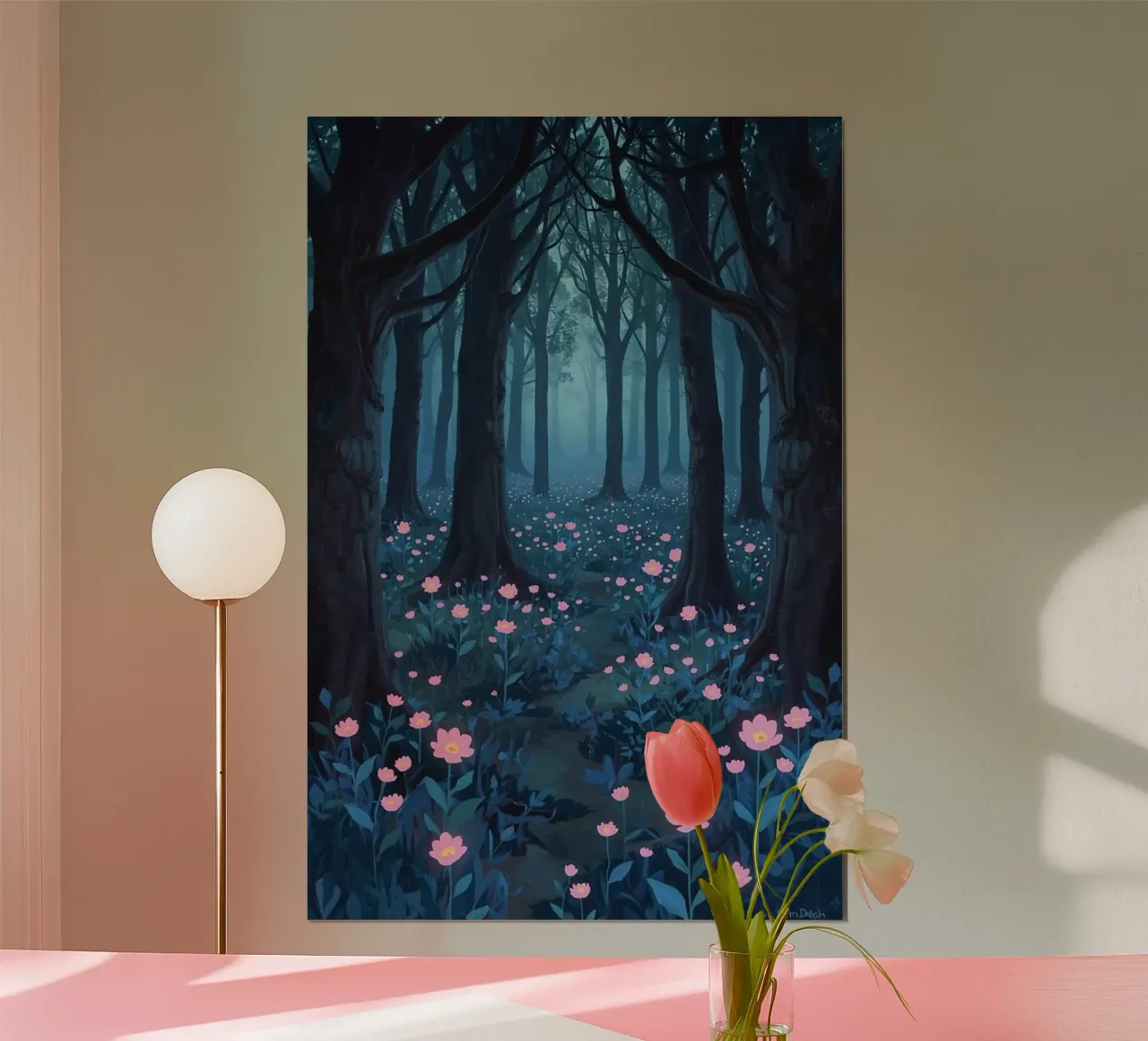 Forest path with pink flowers and dark trees hahnemühle by DesignDoodle
