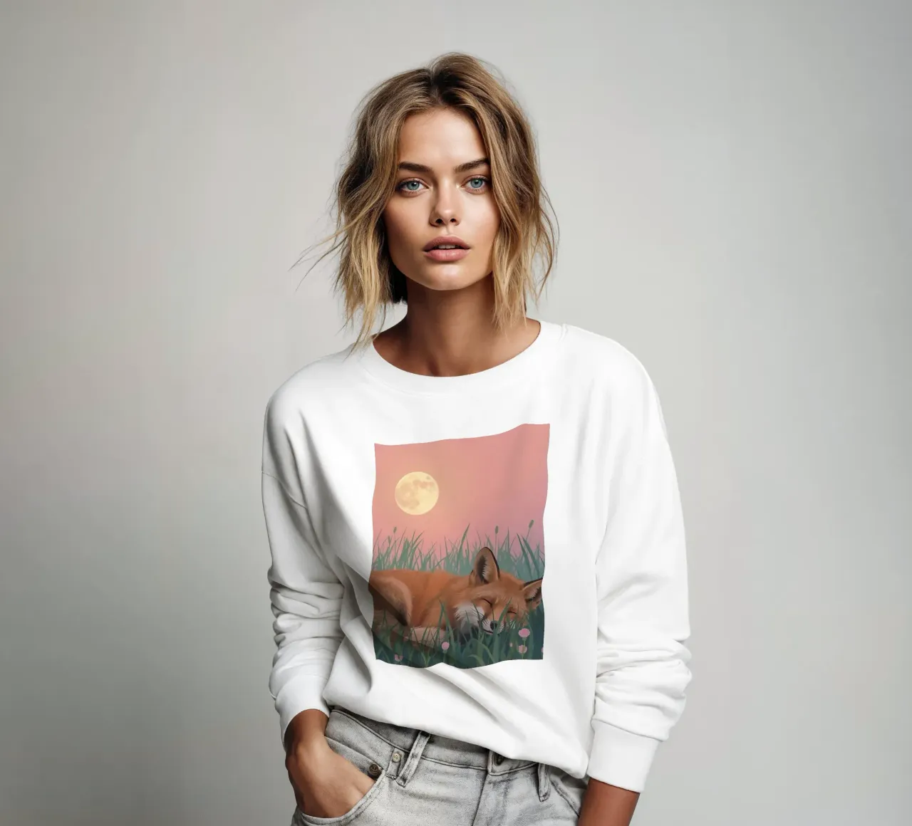 Volpe carina che dorme nell'erba con la luna pacificamente felpa da DesignDoodle