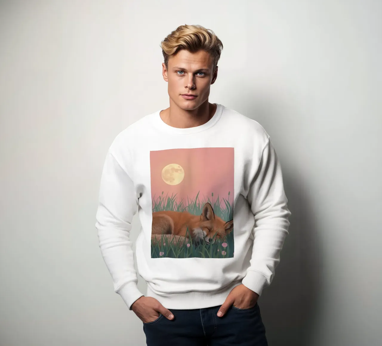 Volpe carina che dorme nell'erba con la luna pacificamente felpa da DesignDoodle