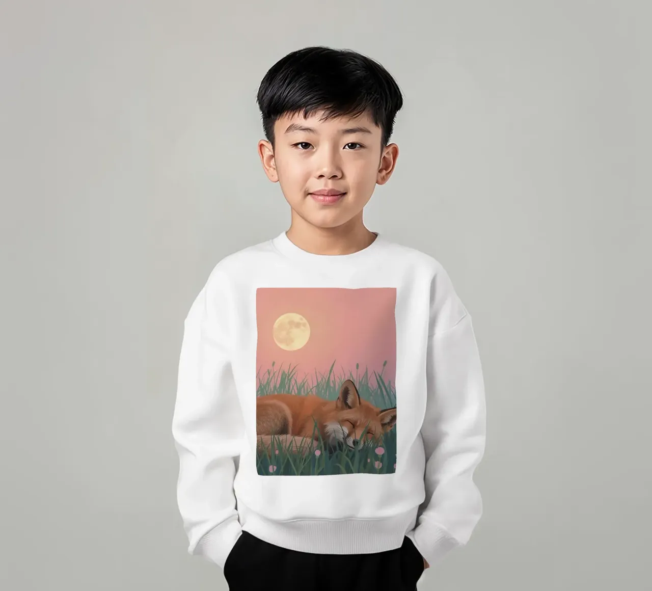Volpe carina che dorme nell'erba con la luna pacificamente felpa bambino da DesignDoodle