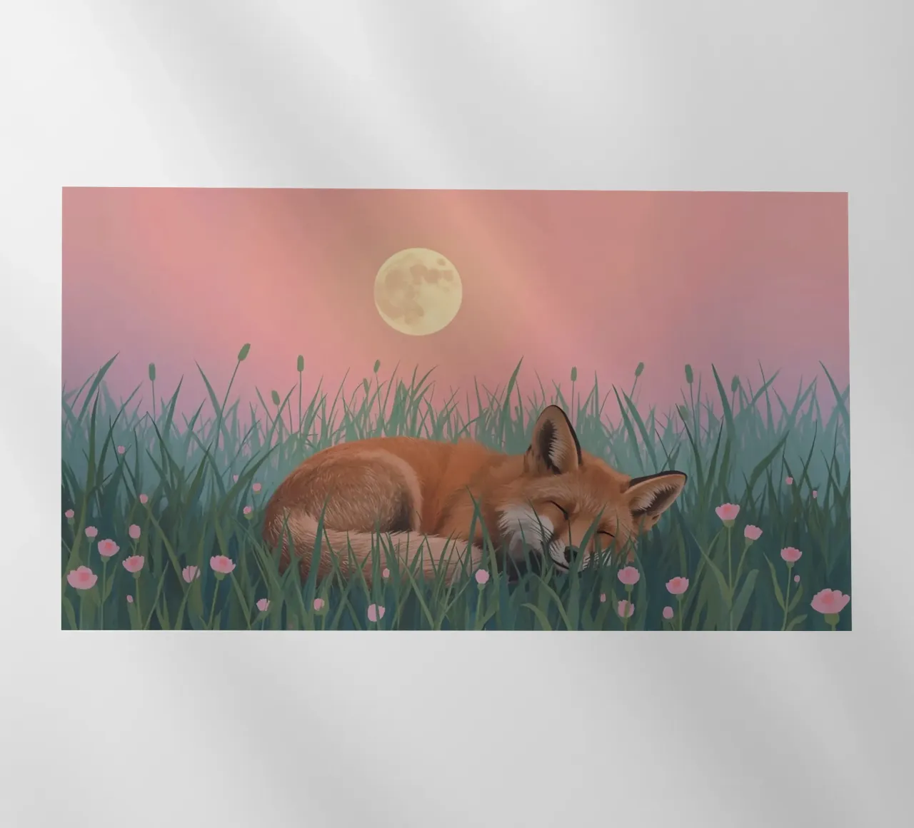 Volpe carina che dorme nell'erba con la luna pacificamente pellicola backlit da DesignDoodle