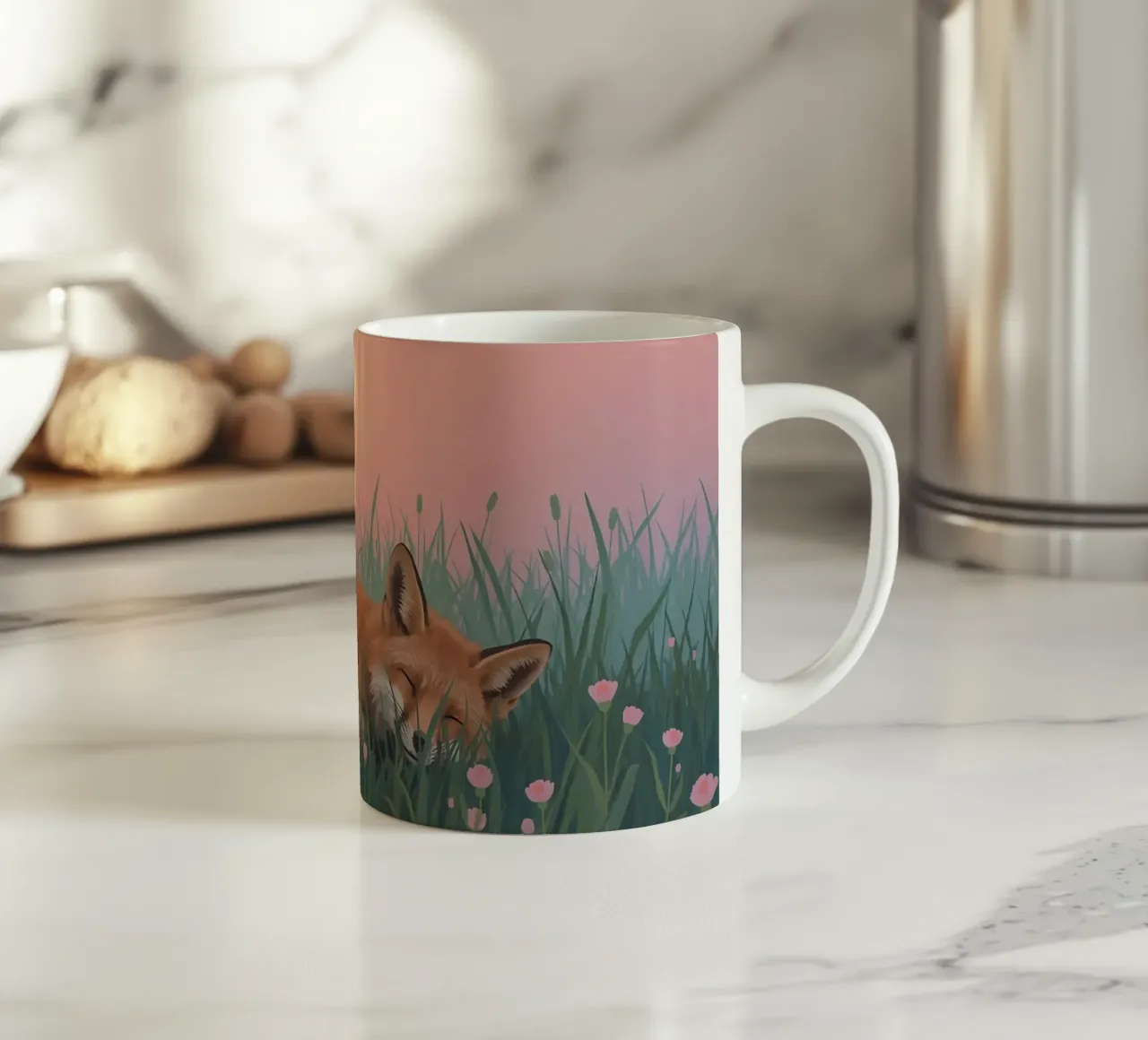 Volpe carina che dorme nell'erba con la luna pacificamente tazza in ceramica da DesignDoodle