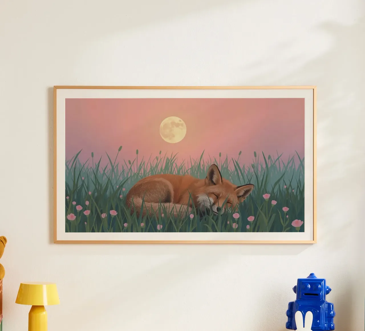 Volpe carina che dorme nell'erba con la luna pacificamente carta hahnemühle da DesignDoodle