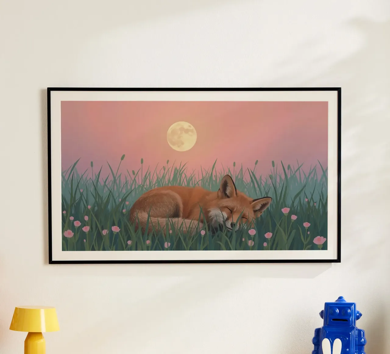 Volpe carina che dorme nell'erba con la luna pacificamente carta hahnemühle da DesignDoodle