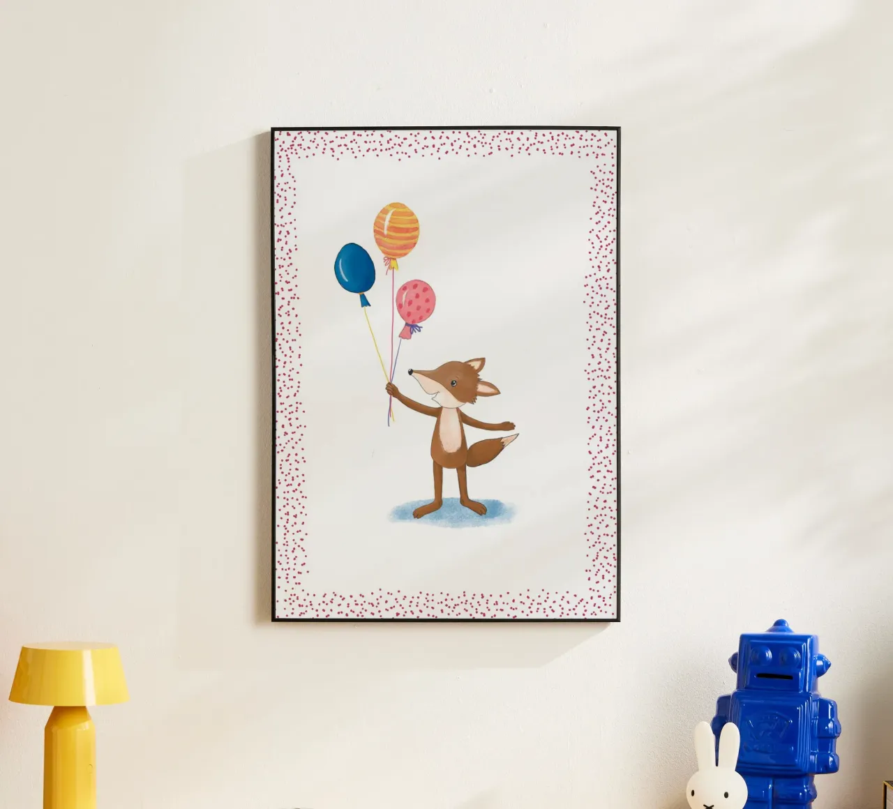 piccola volpe con palloncini alluminio dibond da Farbwelten
