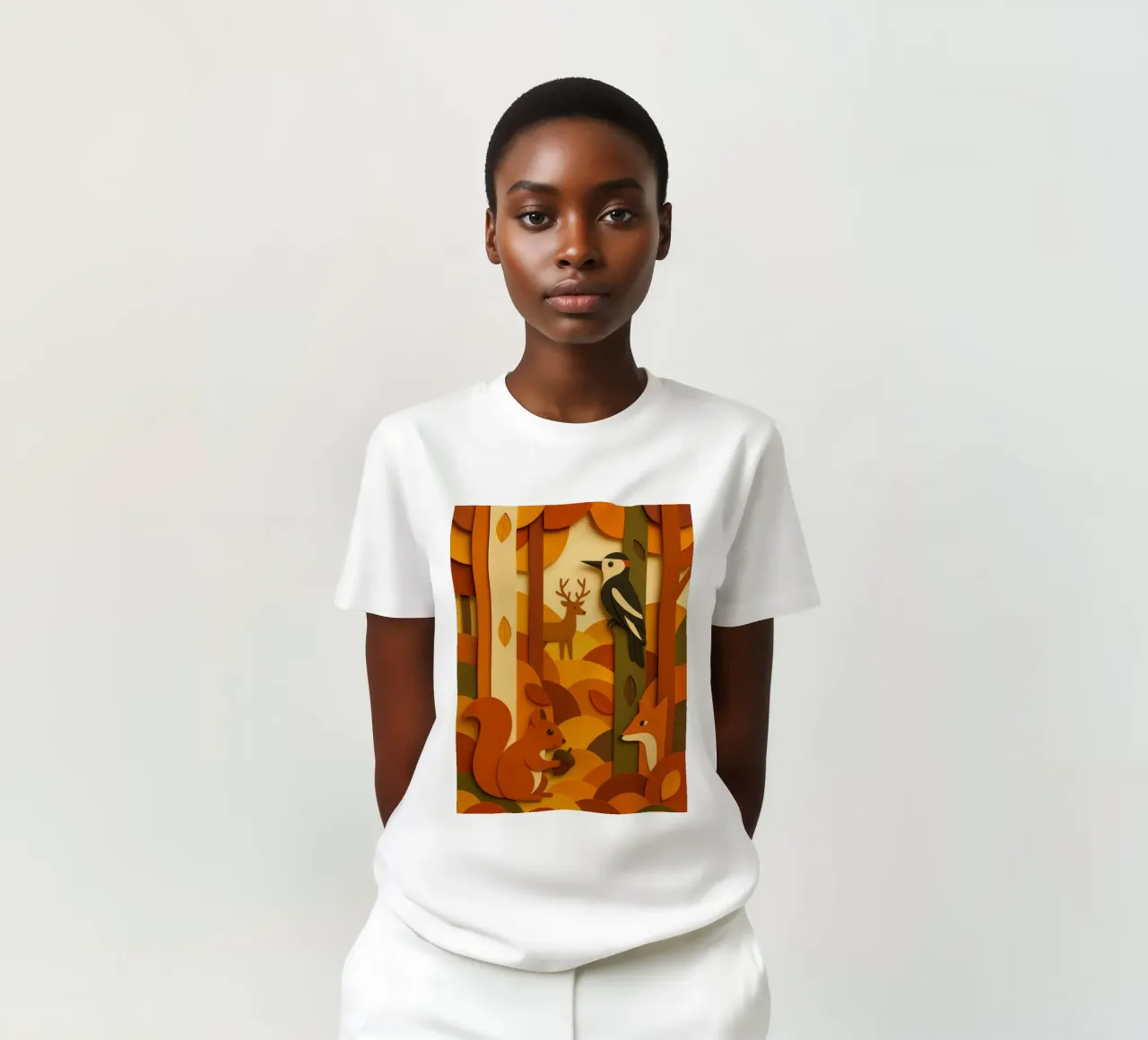 Autunno foresta bosco fauna selvatica stile carta tagliata t-shirt da ARTOMATIC