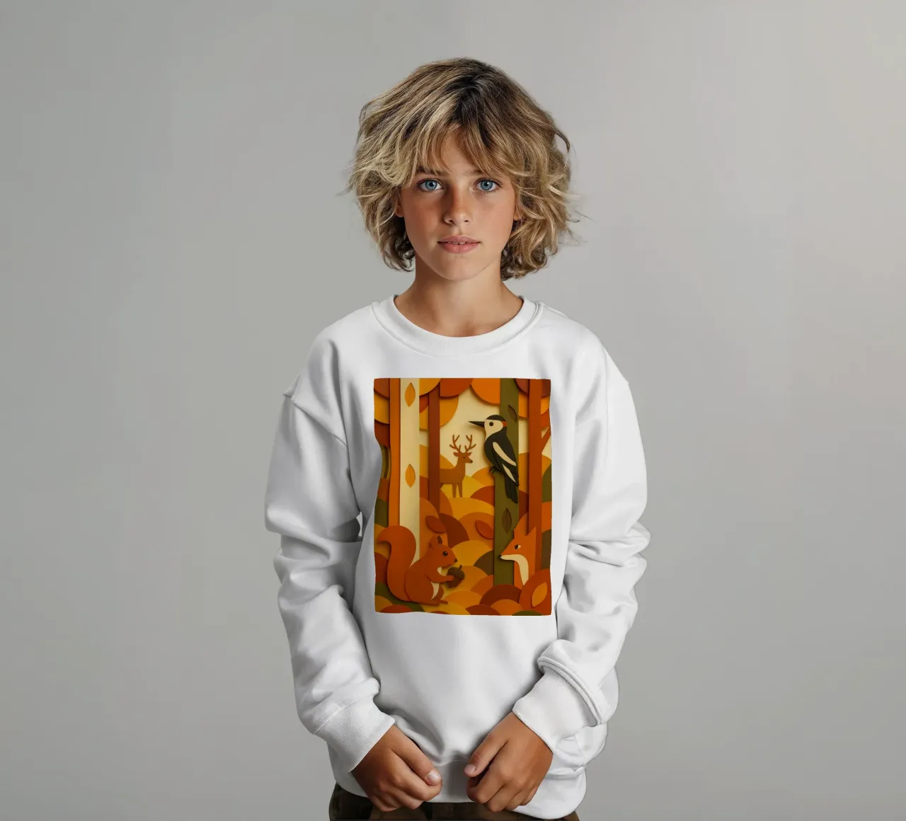 Autunno foresta bosco fauna selvatica stile carta tagliata felpa bambino da ARTOMATIC