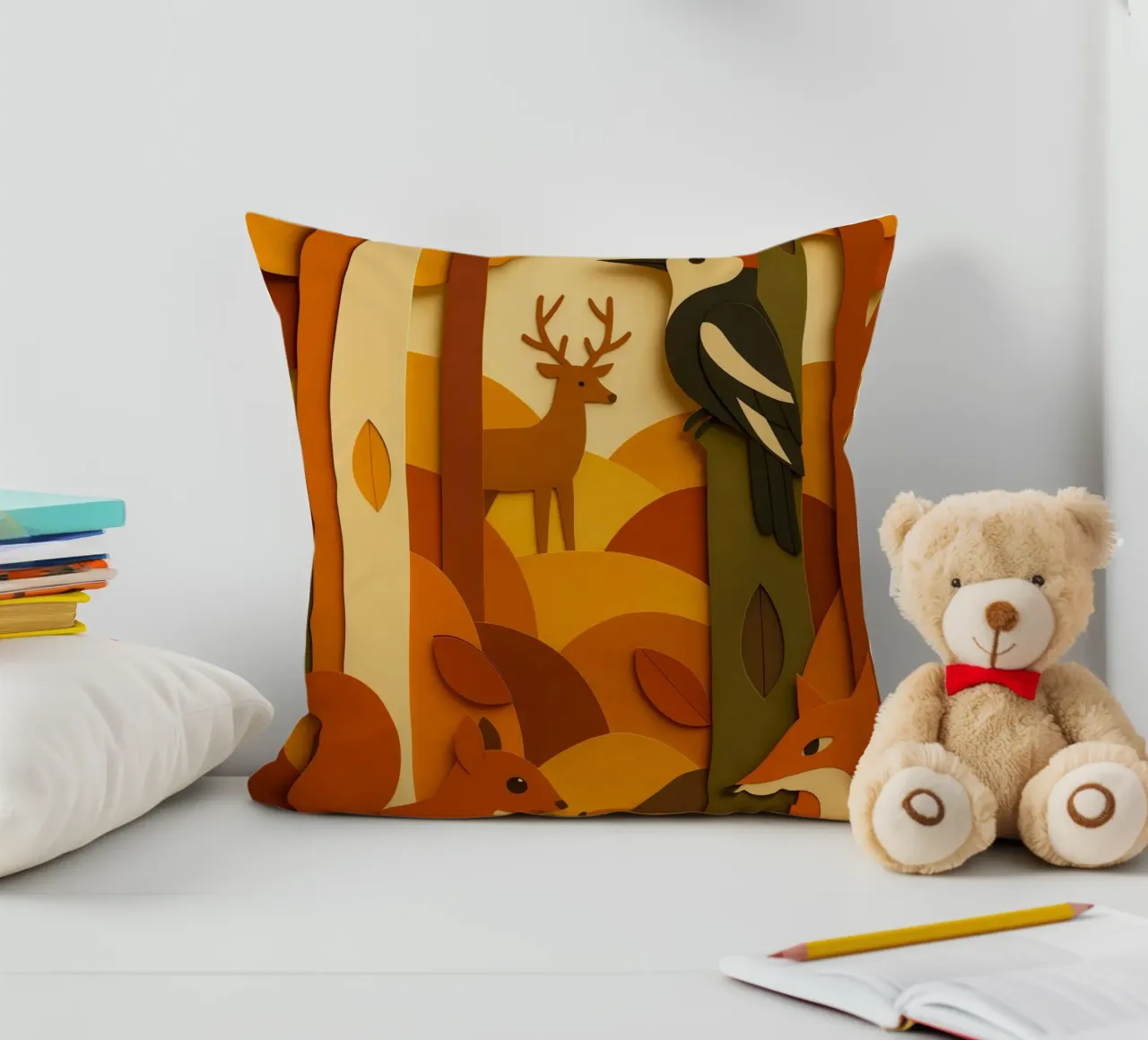 Autunno foresta bosco fauna selvatica stile carta tagliata cuscino da ARTOMATIC