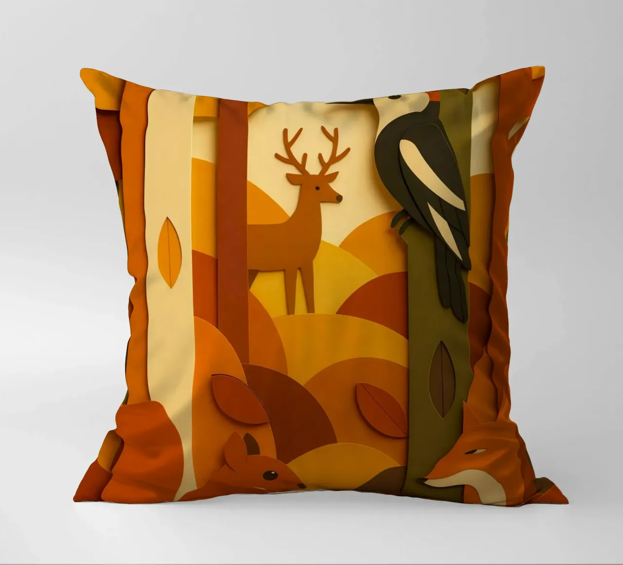 Autunno foresta bosco fauna selvatica stile carta tagliata cuscino da ARTOMATIC