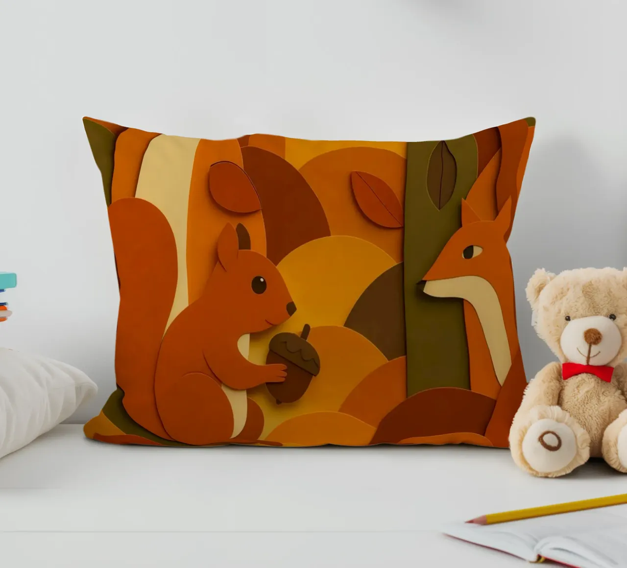 Autunno foresta bosco fauna selvatica stile carta tagliata cuscino da ARTOMATIC