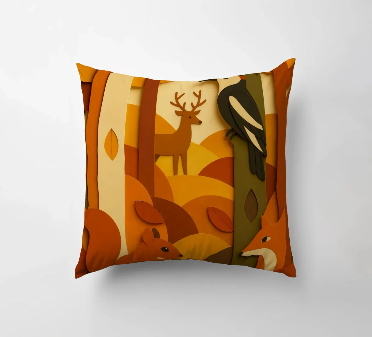 Autunno foresta bosco fauna selvatica stile carta tagliata cuscino da ARTOMATIC