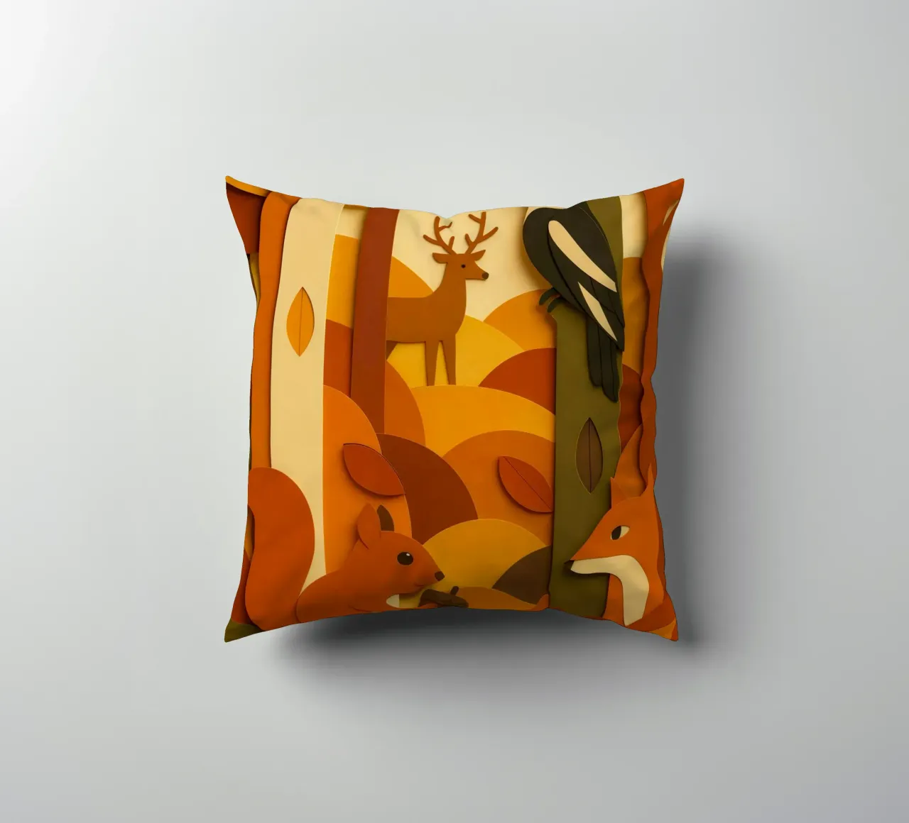 Autunno foresta bosco fauna selvatica stile carta tagliata cuscino da ARTOMATIC