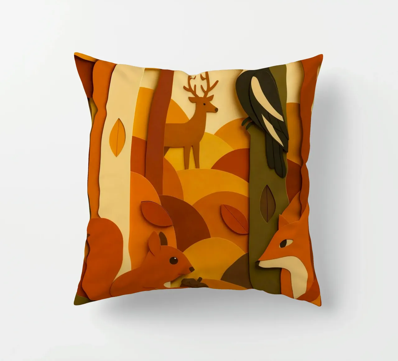 Autunno foresta bosco fauna selvatica stile carta tagliata cuscino da ARTOMATIC