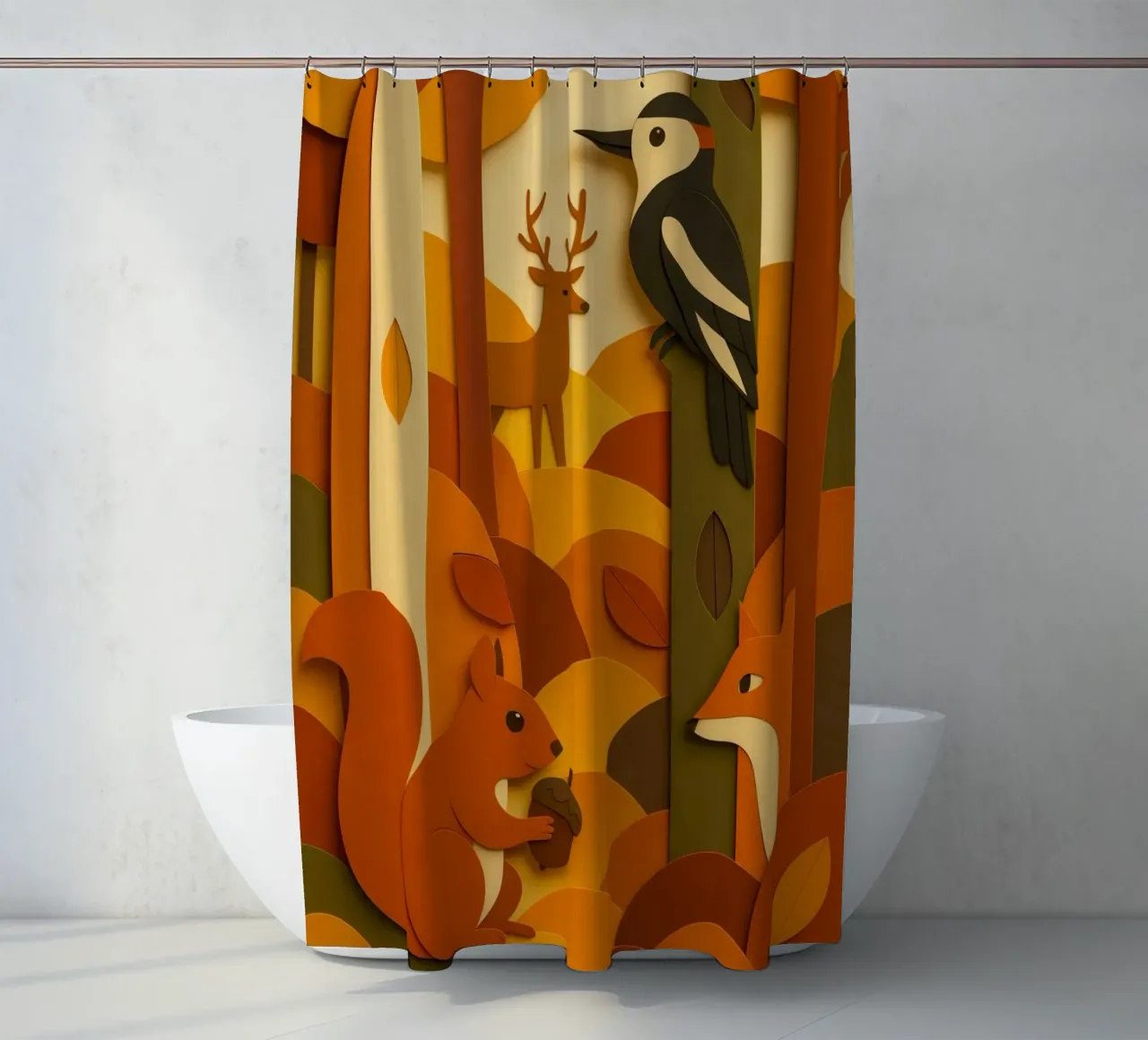 Autunno foresta bosco fauna selvatica stile carta tagliata tenda da doccia da ARTOMATIC