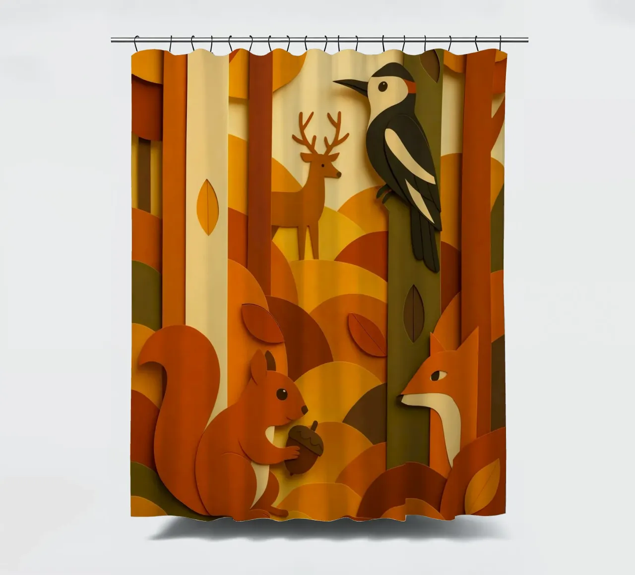 Autunno foresta bosco fauna selvatica stile carta tagliata tenda da doccia da ARTOMATIC