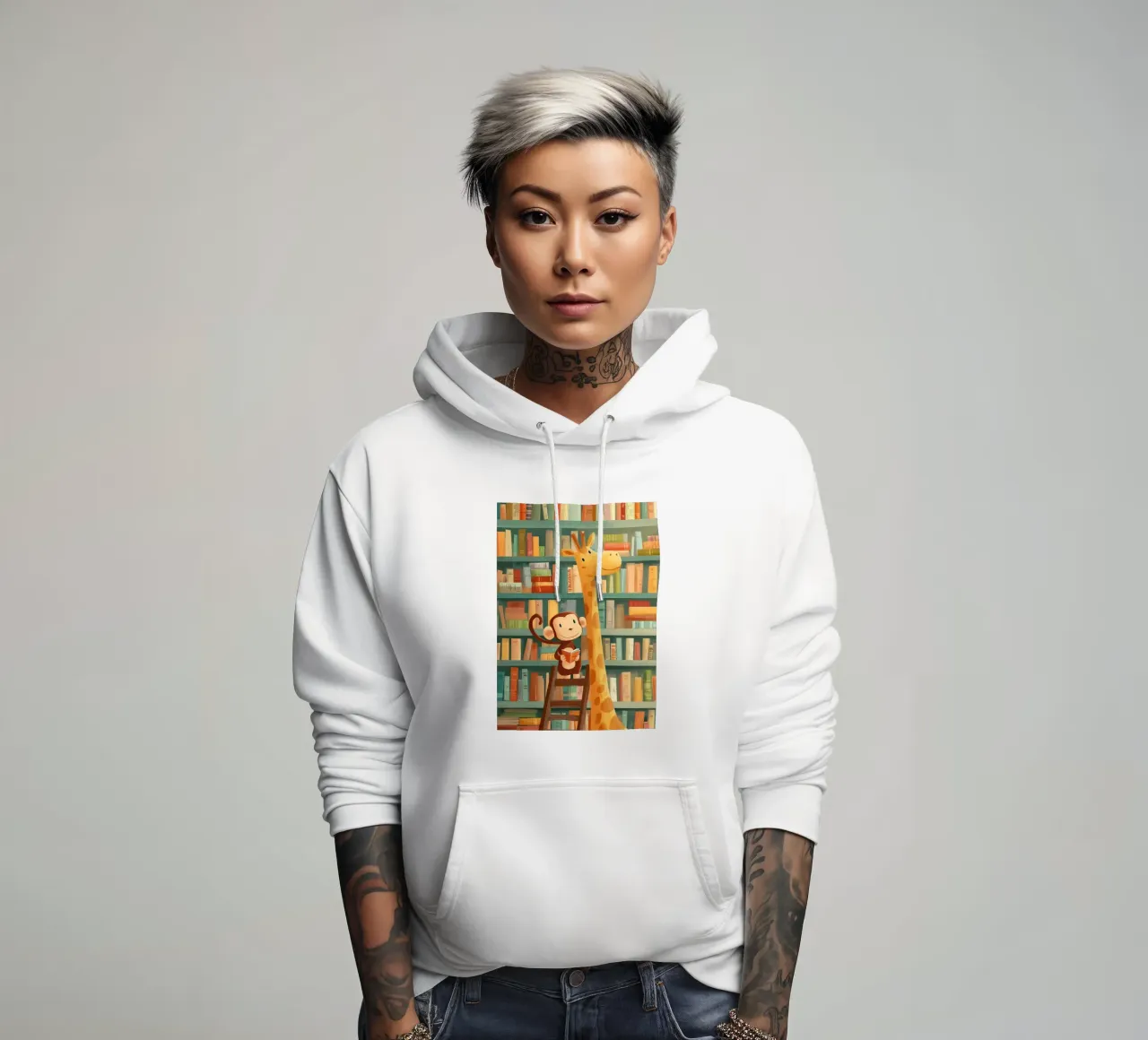 Monkey and Giraffe in the Library felpa con cappuccio da Kiara