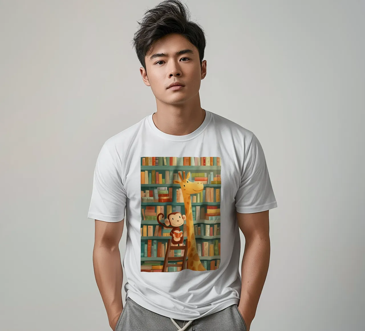 Monkey and Giraffe in the Library t-shirt da Kiara