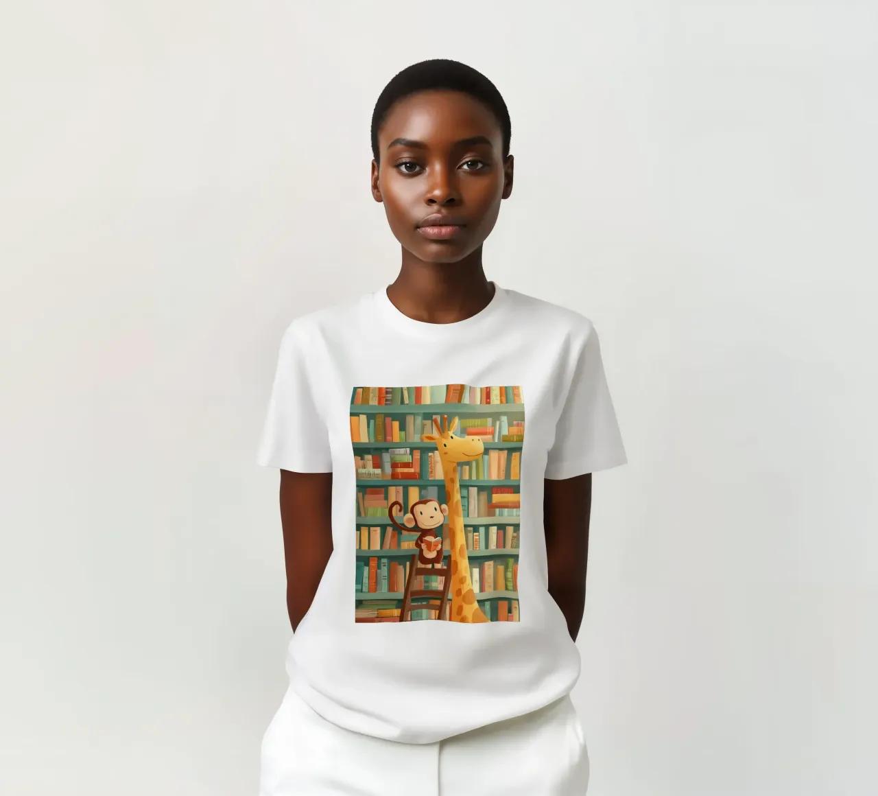 Monkey and Giraffe in the Library t-shirt da Kiara