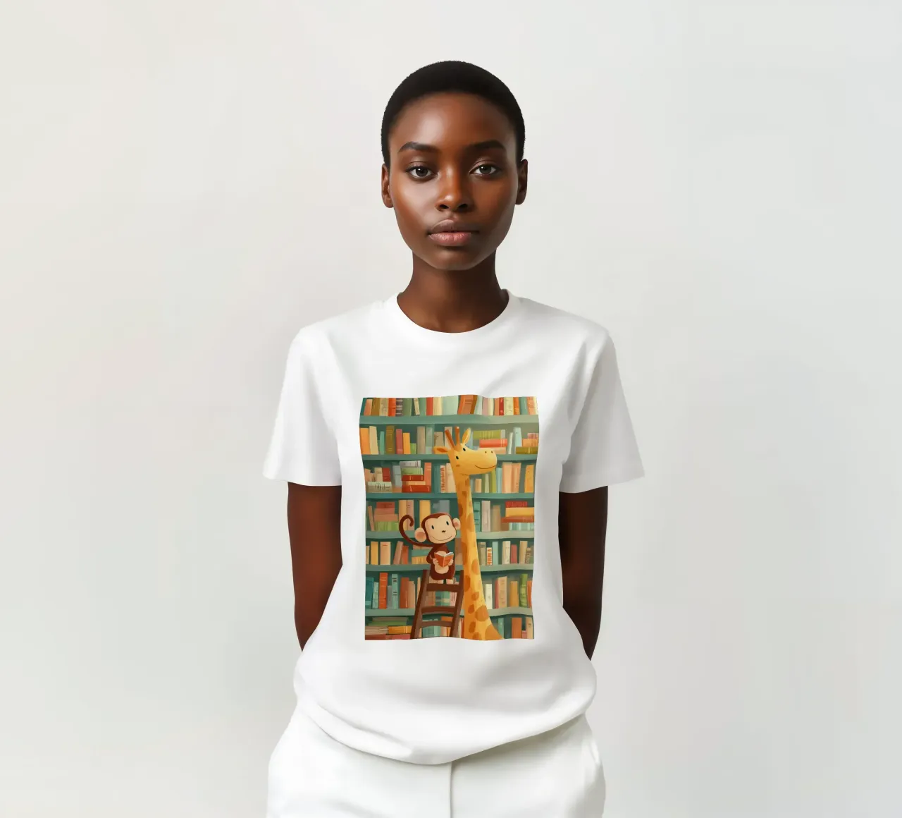 Monkey and Giraffe in the Library t-shirt da Kiara