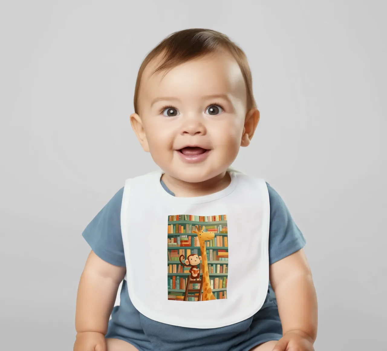 Monkey and Giraffe in the Library Babylätzchen von Kiara