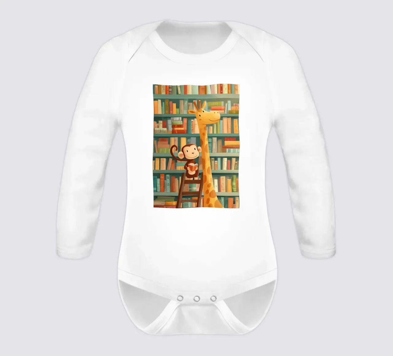 Monkey and Giraffe in the Library body neonato maniche lunghe da Kiara