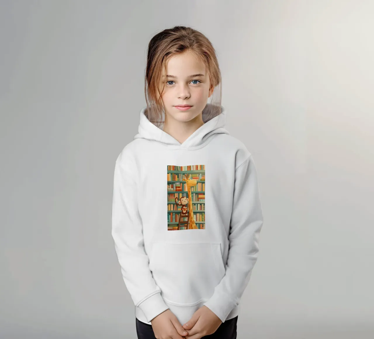 Monkey and Giraffe in the Library felpa bambino con cappuccio da Kiara