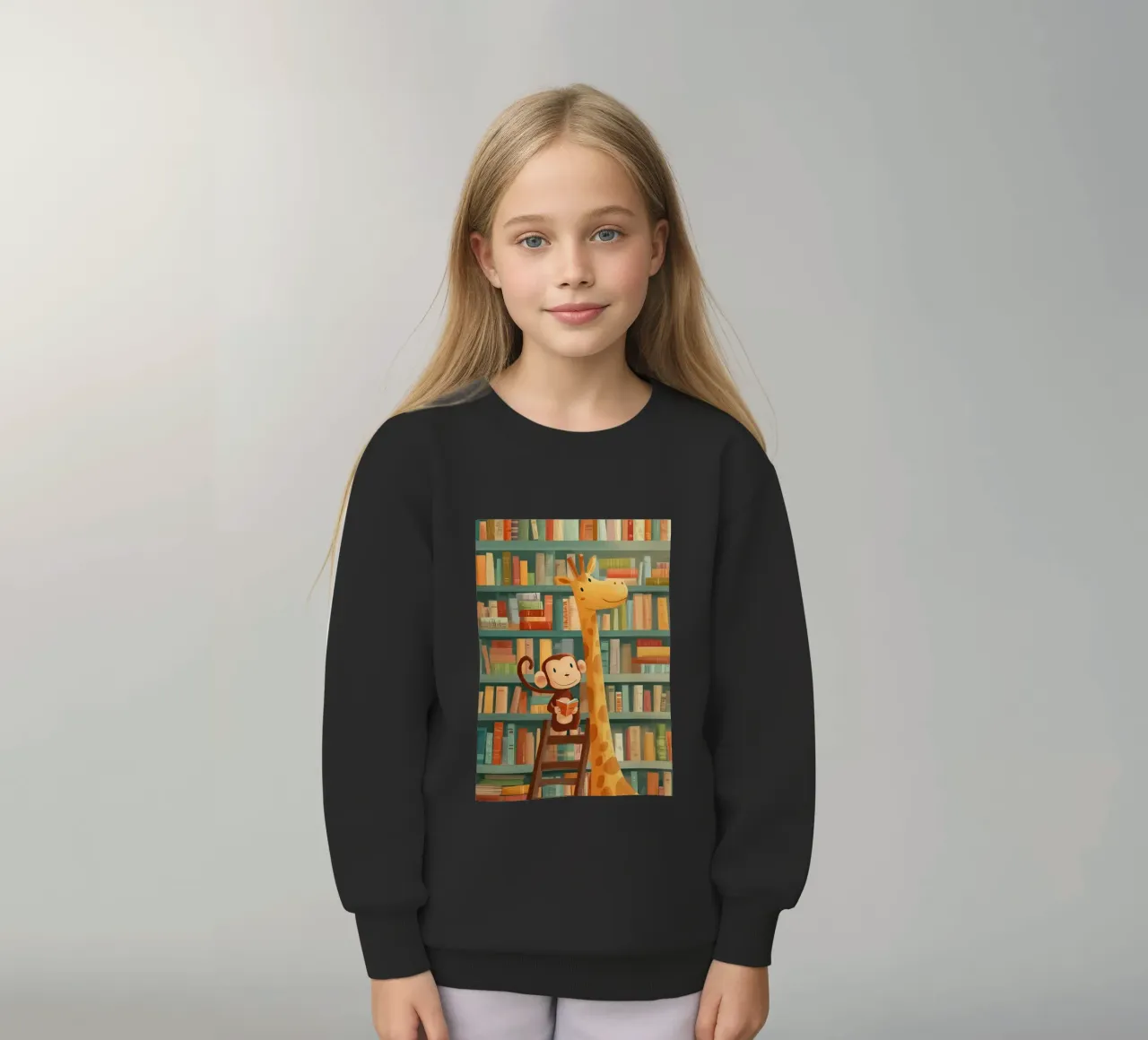 Monkey and Giraffe in the Library felpa bambino da Kiara