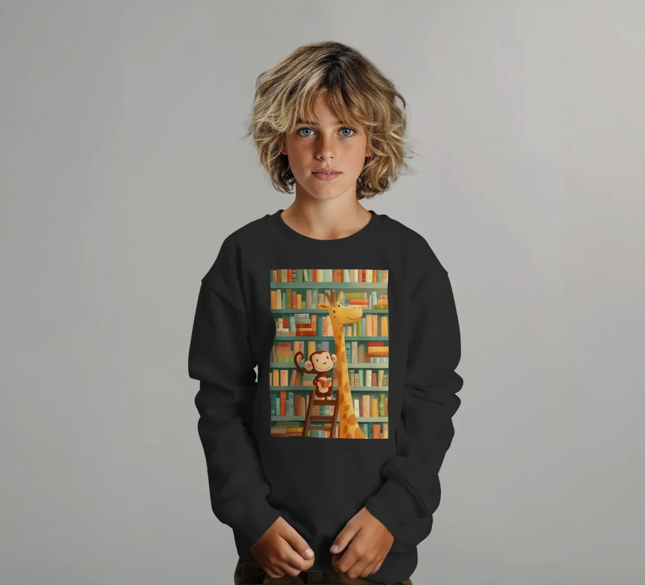 Monkey and Giraffe in the Library felpa bambino da Kiara