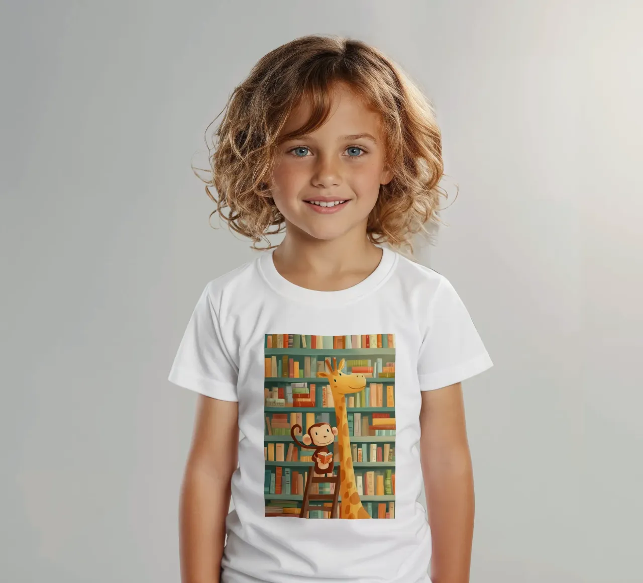 Monkey and Giraffe in the Library t-shirt bambini da Kiara
