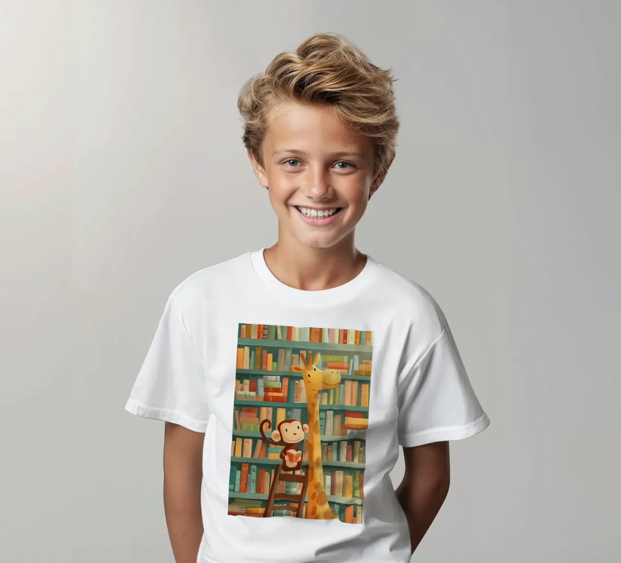Monkey and Giraffe in the Library t-shirt bambini da Kiara