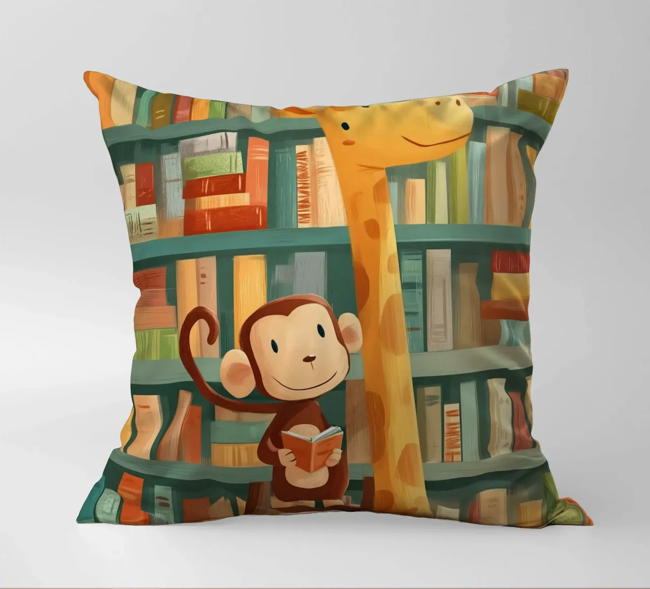 Monkey and Giraffe in the Library cuscino da Kiara