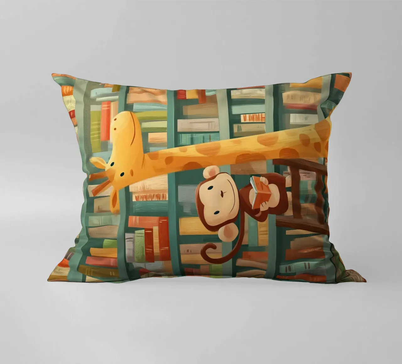 Monkey and Giraffe in the Library cuscino da Kiara