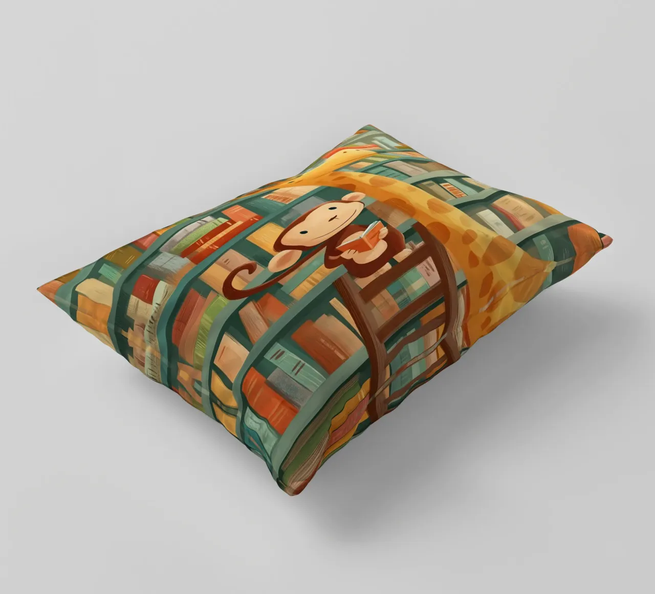Monkey and Giraffe in the Library cuscino da Kiara