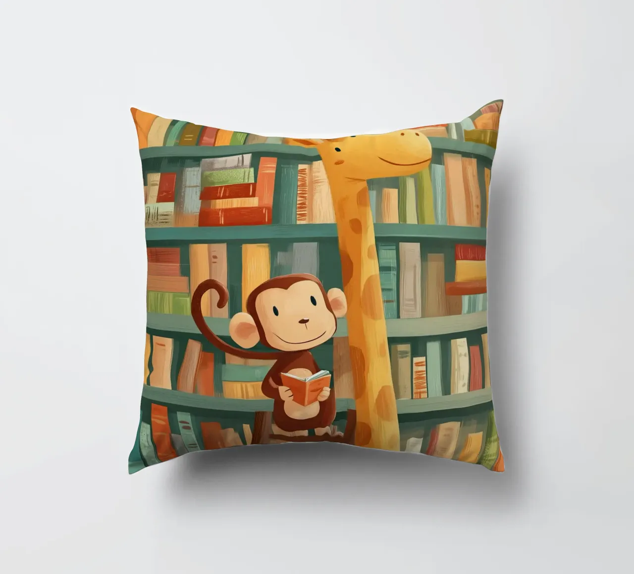 Monkey and Giraffe in the Library cuscino da Kiara