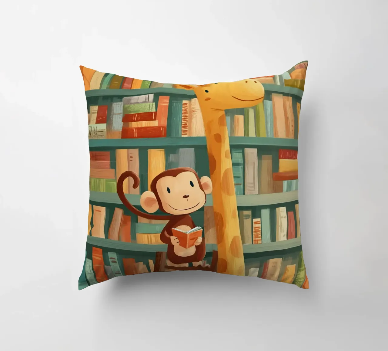 Monkey and Giraffe in the Library cuscino da Kiara