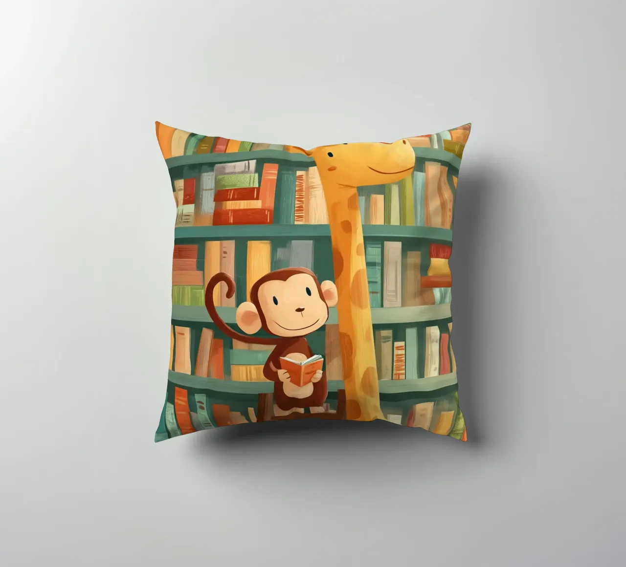 Monkey and Giraffe in the Library cuscino da Kiara