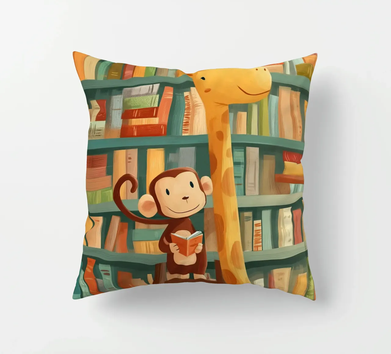 Monkey and Giraffe in the Library cuscino da Kiara