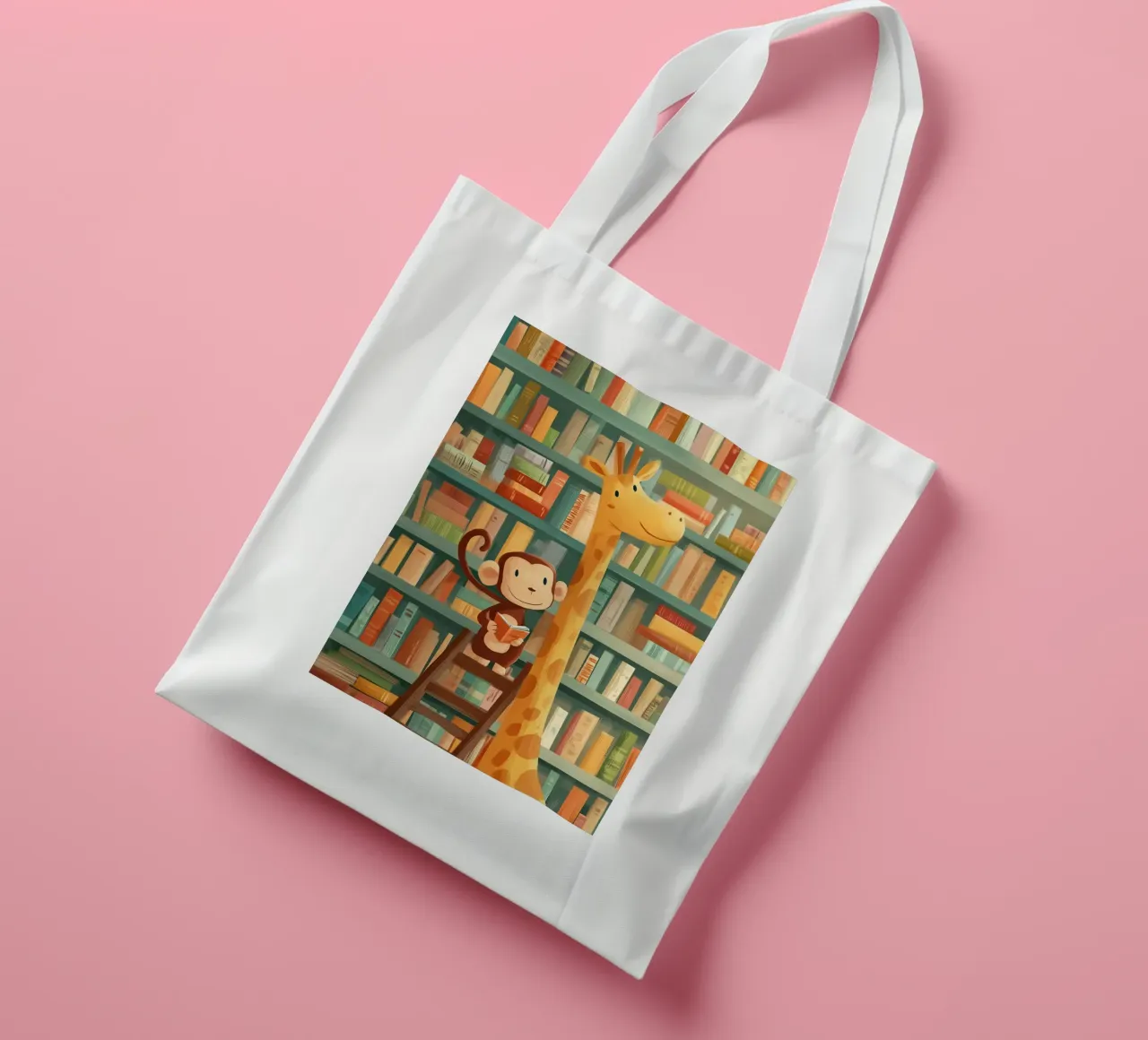 Monkey and Giraffe in the Library borsa in juta da Kiara