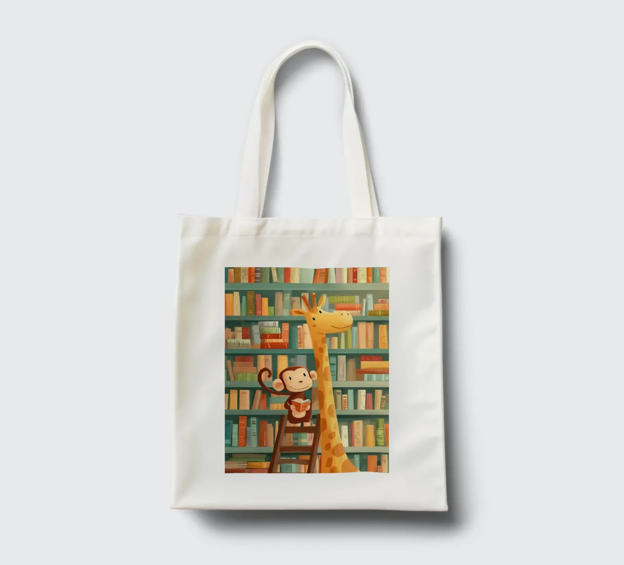 Monkey and Giraffe in the Library borsa in juta da Kiara