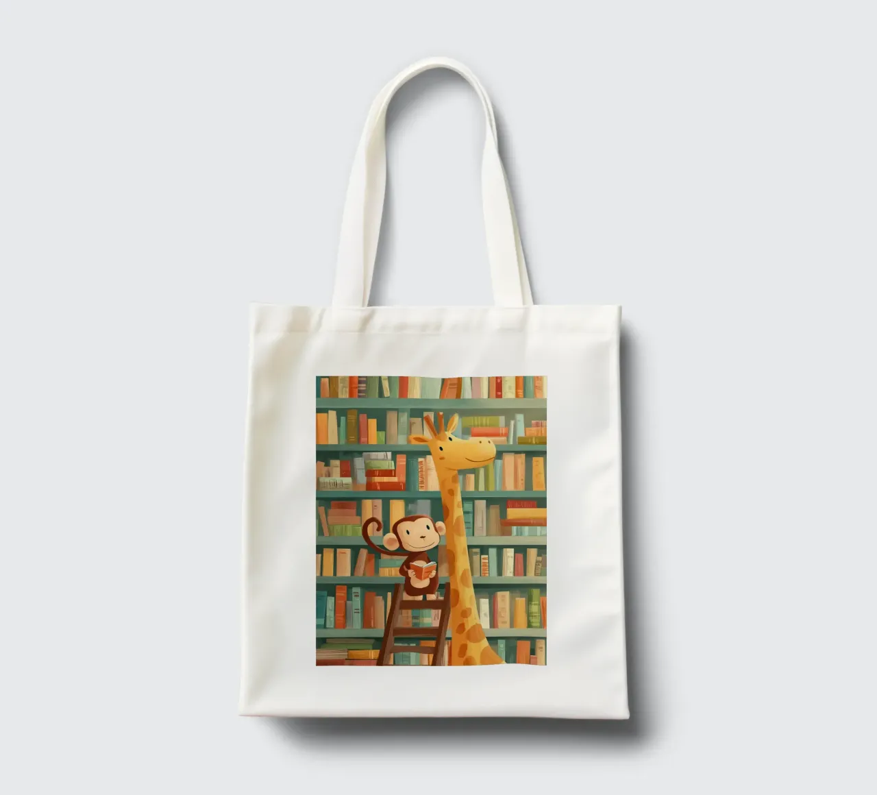 Monkey and Giraffe in the Library borsa in juta da Kiara