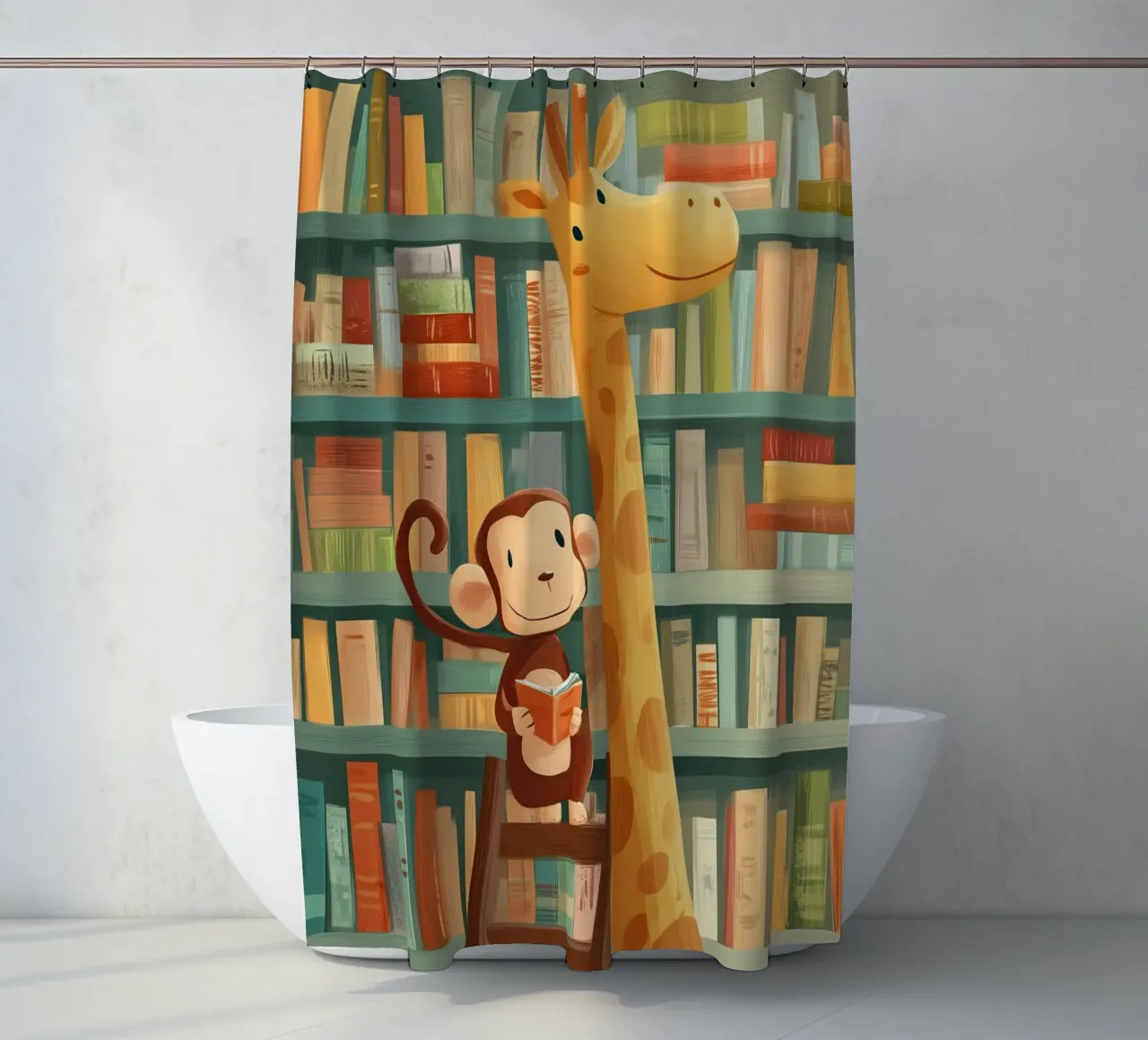 Monkey and Giraffe in the Library Duschvorhang von Kiara