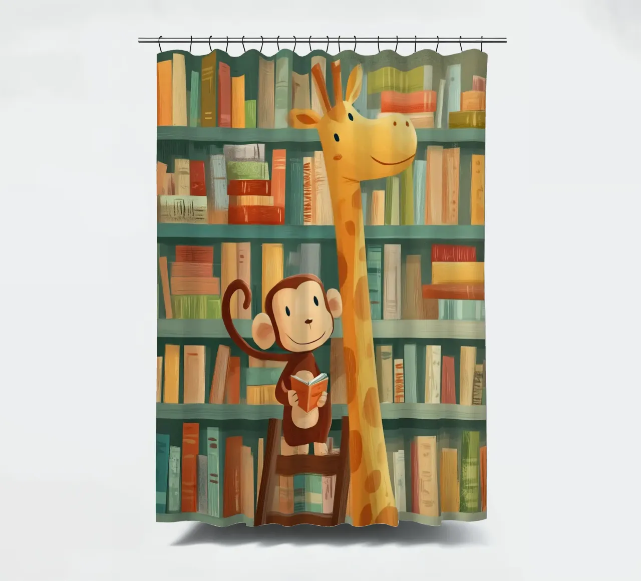 Monkey and Giraffe in the Library Duschvorhang von Kiara